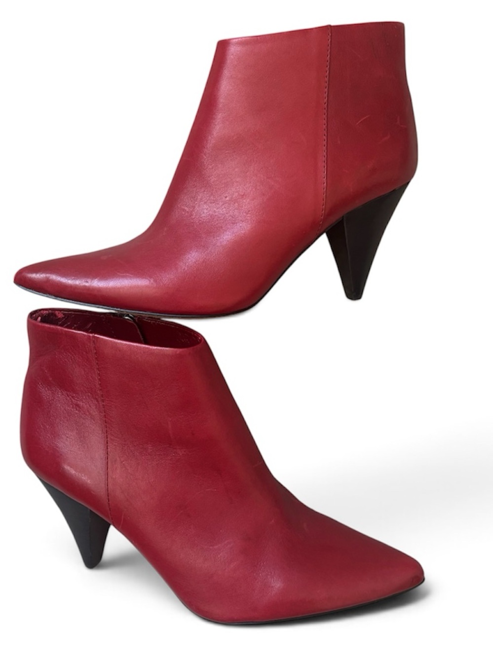 Vince Camuto Red Leather Pointed Toe Ankle Booties Tapered Heel Size 7.5
